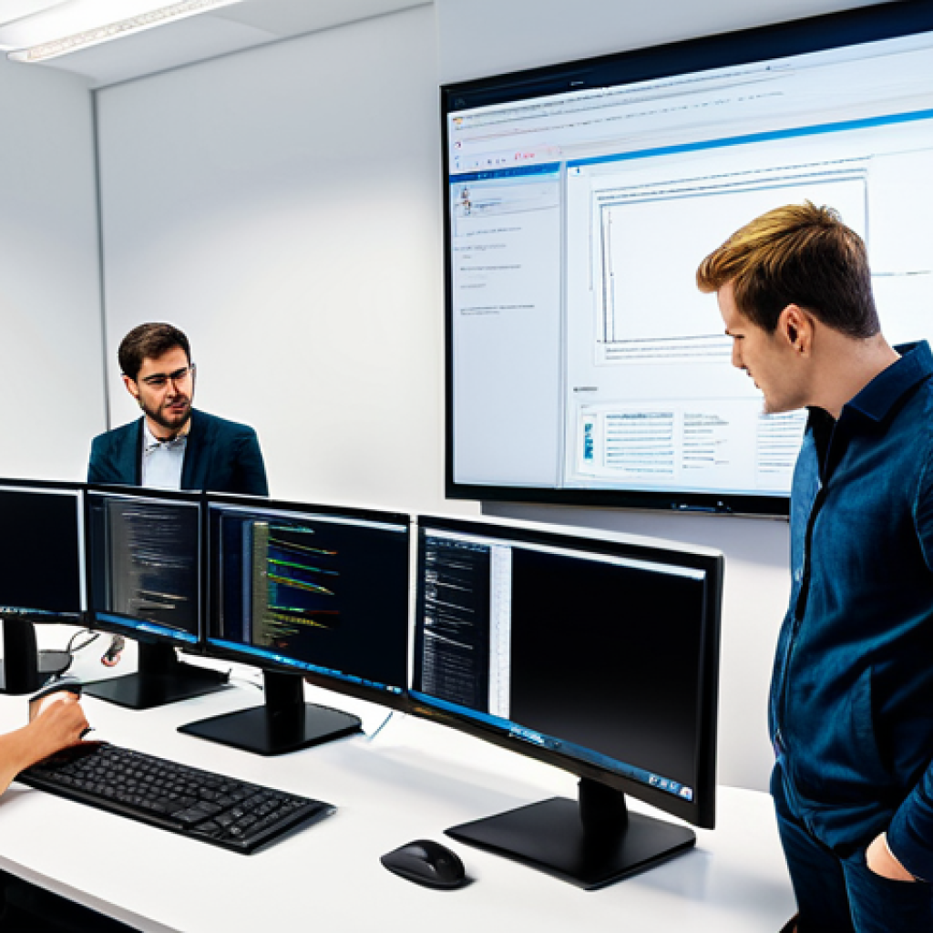 Collaborative Code Review**
"A diverse team of web developers, fully clothed in professional attire, gathered around a large monitor in a modern, brightly lit office space. One developer points to code on the screen while others listen attentively, taking notes. The atmosphere is collaborative and supportive. Focus on well-formed hands and natural body proportions. safe for work, appropriate content, fully clothed, professional, perfect anatomy, correct proportions, knowledge sharing."
**