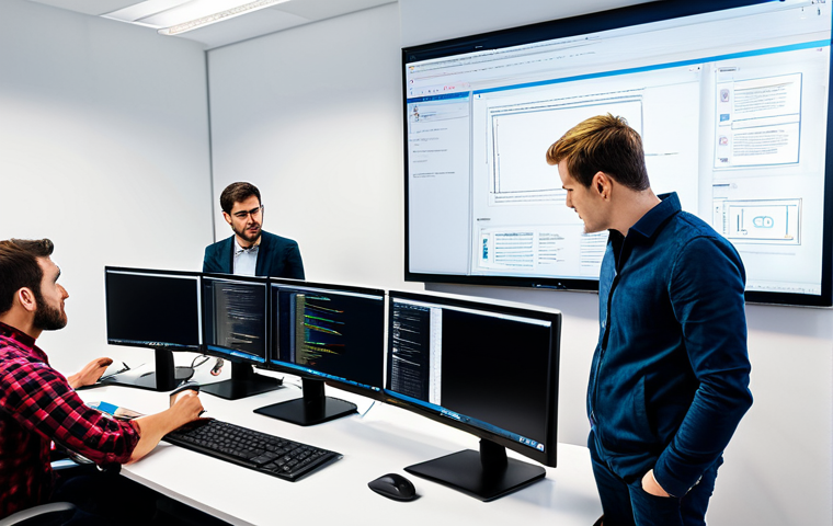 Collaborative Code Review**
"A diverse team of web developers, fully clothed in professional attire, gathered around a large monitor in a modern, brightly lit office space. One developer points to code on the screen while others listen attentively, taking notes. The atmosphere is collaborative and supportive. Focus on well-formed hands and natural body proportions. safe for work, appropriate content, fully clothed, professional, perfect anatomy, correct proportions, knowledge sharing."
**