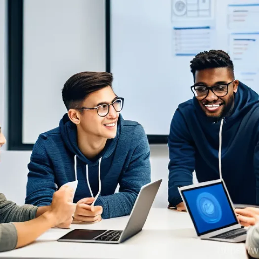 웹개발자 실습 기반 학습 - **Prompt:** A diverse group of young adult developers, aged 20s, actively engaged in a hands-on web ...