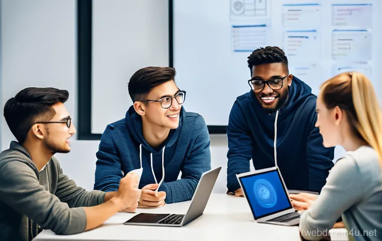 웹개발자 실습 기반 학습 - **Prompt:** A diverse group of young adult developers, aged 20s, actively engaged in a hands-on web ...