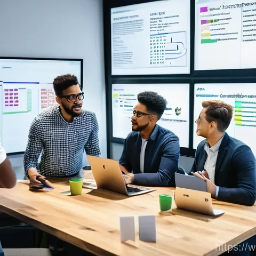 웹개발자 스크럼 방법론 - **Prompt:** A diverse group of 6-7 web developers (men and women of various ethnicities) in a bright...