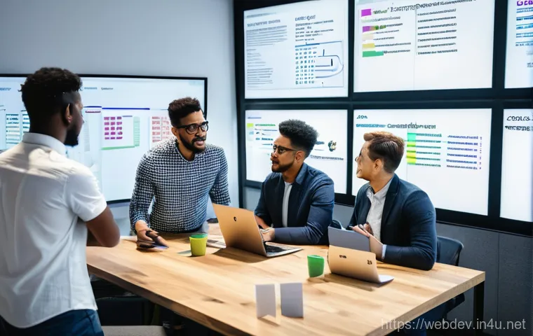 웹개발자 스크럼 방법론 - **Prompt:** A diverse group of 6-7 web developers (men and women of various ethnicities) in a bright...