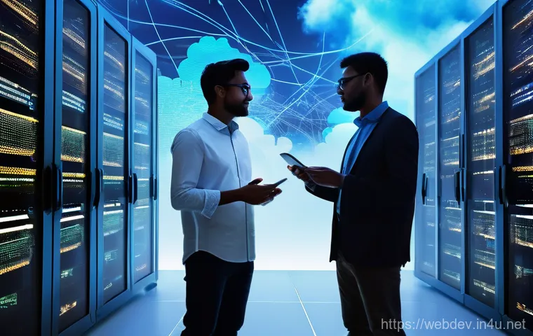 웹개발자 서버 인프라 관리 - **Prompt:** A diverse group of developers, wearing smart casual attire, confidently navigating a mod...