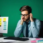 웹개발자 테스트 자동화 - A professional web developer, male or female, appearing stressed and overwhelmed, surrounded by mult...