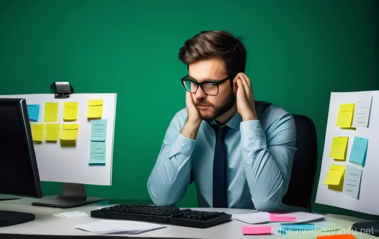 웹개발자 테스트 자동화 - A professional web developer, male or female, appearing stressed and overwhelmed, surrounded by mult...