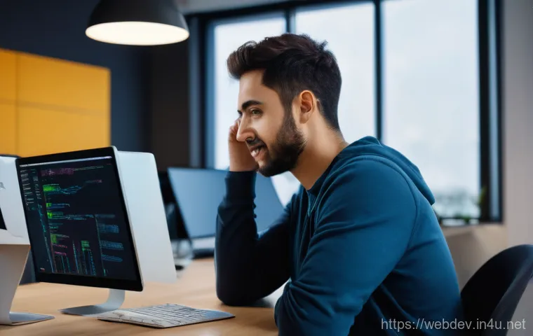 웹개발자 테스트 자동화 - A professional web developer, male or female, appearing stressed and overwhelmed, surrounded by mult... 웹개발자 테스트 자동화 - A professional web developer, male or female, appearing stressed and overwhelmed, surrounded by mult...