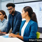 웹개발자 커뮤니케이션 스킬 - **A diverse team of young adult developers (male and female, various ethnicities) in a vibrant, open...