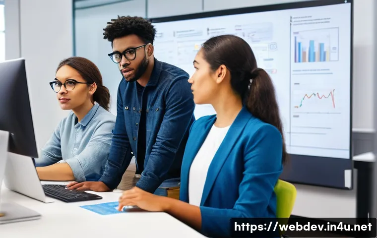 웹개발자 커뮤니케이션 스킬 - **A diverse team of young adult developers (male and female, various ethnicities) in a vibrant, open...