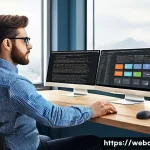Home 19 웹개발자 자격증 종류 - A modern workspace with a focused web developer sitting at a sleek desk, coding a responsive front-e...