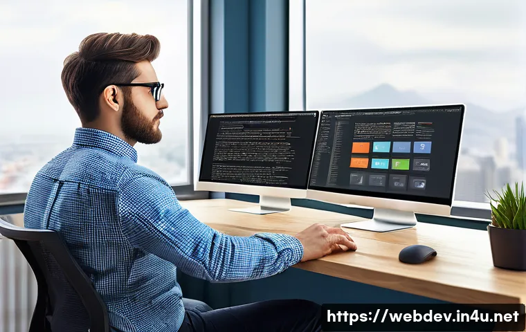 웹개발자 자격증 종류 - A modern workspace with a focused web developer sitting at a sleek desk, coding a responsive front-e...