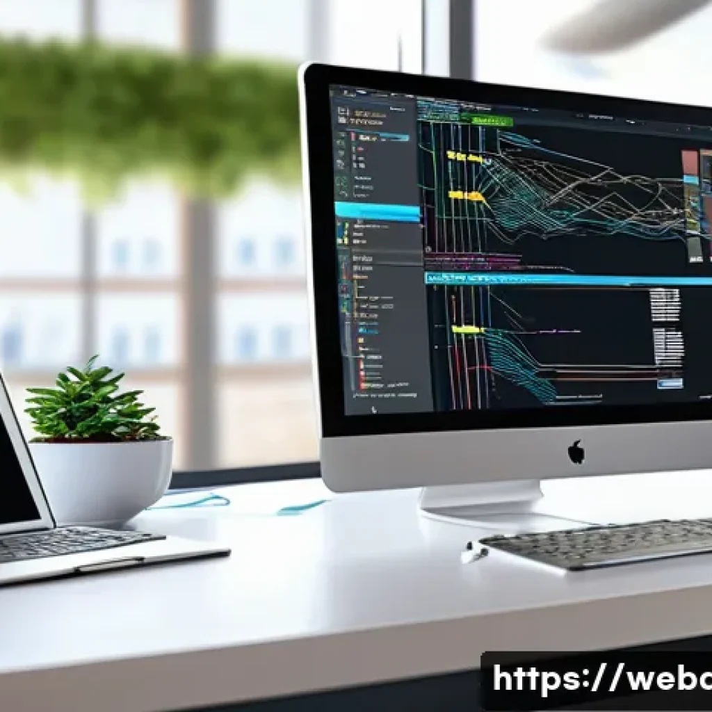 웹개발자 코드 분석 - A detailed digital illustration of a web developer’s workspace showing a large monitor displaying a ...