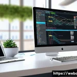 Home 18 웹개발자 코드 분석 - A detailed digital illustration of a web developer’s workspace showing a large monitor displaying a ...