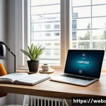 Home 23 웹개발자 코딩 스킬 향상 - A focused web developer sitting at a modern desk in a bright, minimalist home office, early morning ...