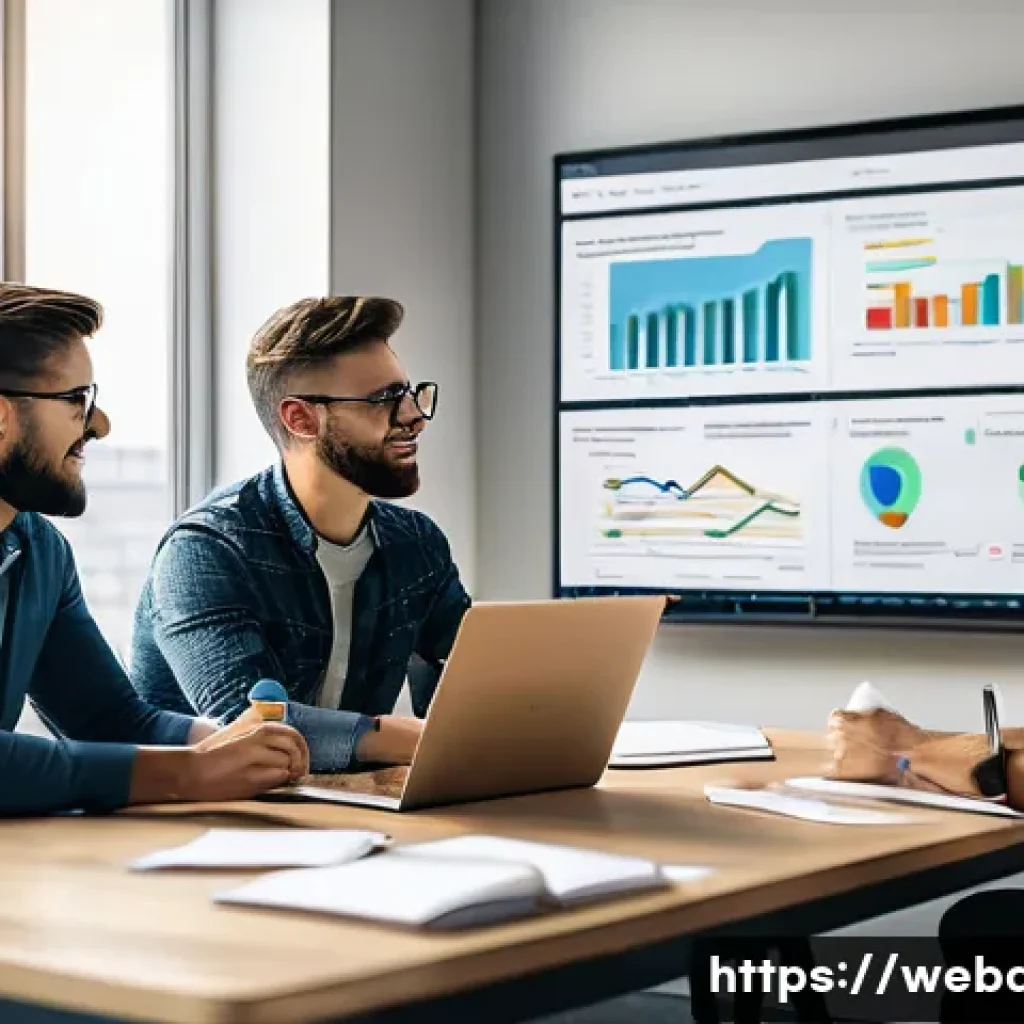 웹개발자 업무 관리 노하우 - A modern office scene showing a diverse software development team gathered around a large digital sc...