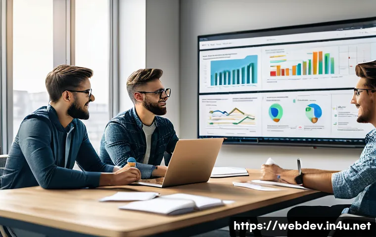 웹개발자 업무 관리 노하우 - A modern office scene showing a diverse software development team gathered around a large digital sc...