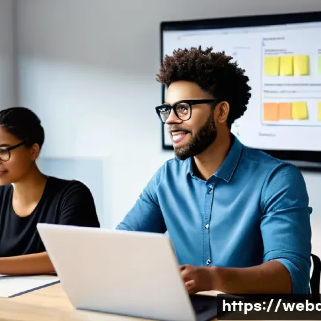 웹개발자 이직 성공 사례 - A diverse group of young professionals collaborating on a software development project in a modern o...