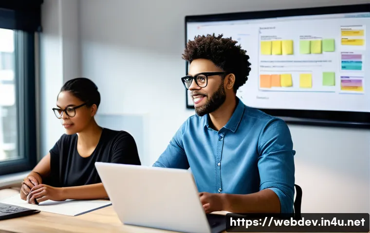 웹개발자 이직 성공 사례 - A diverse group of young professionals collaborating on a software development project in a modern o...