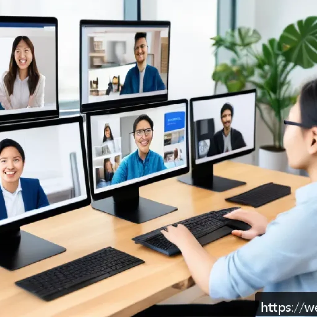 웹개발자 리모트 워크 - A modern remote work setup showing a diverse team collaborating via video conference on multiple dev...