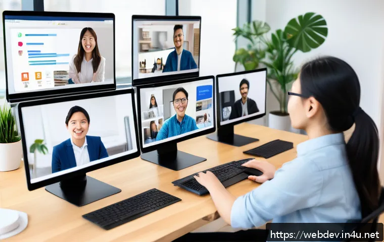 웹개발자 리모트 워크 - A modern remote work setup showing a diverse team collaborating via video conference on multiple dev...