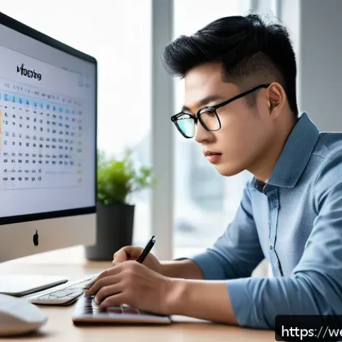 웹개발자 월간 목표 설정 - A focused web developer sitting at a modern desk in a bright office, using dual monitors displaying ...