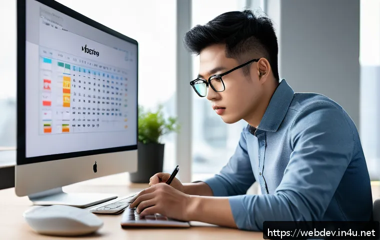 웹개발자 월간 목표 설정 - A focused web developer sitting at a modern desk in a bright office, using dual monitors displaying ...