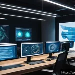 웹개발자 AI 연계 기술 - A modern web developer workspace showing a diverse team collaborating on AI-powered coding tools; mu...