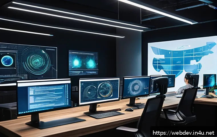 웹개발자 AI 연계 기술 - A modern web developer workspace showing a diverse team collaborating on AI-powered coding tools; mu...