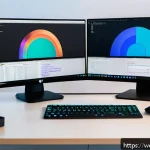 웹개발자 개발 환경 - A modern software developer’s workspace featuring a sleek laptop displaying VS Code with colorful sy...