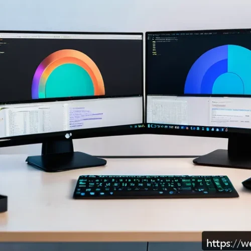 웹개발자 개발 환경 - A modern software developer’s workspace featuring a sleek laptop displaying VS Code with colorful sy...