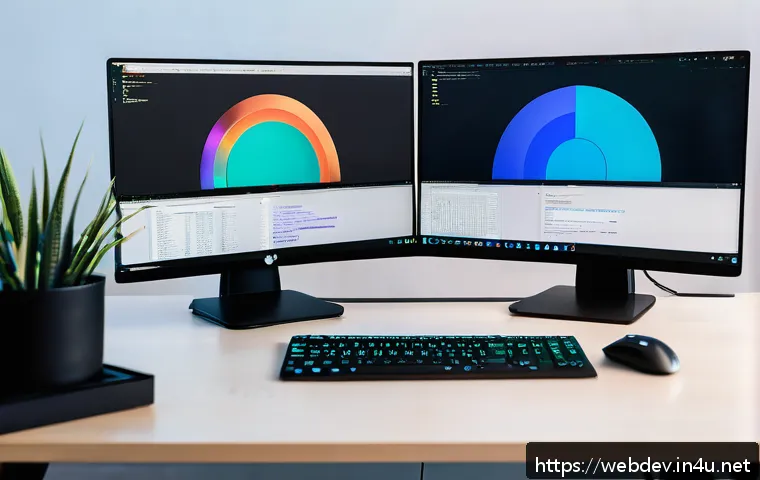 웹개발자 개발 환경 - A modern software developer’s workspace featuring a sleek laptop displaying VS Code with colorful sy...