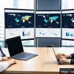 웹개발자 디자인 시스템 활용 - A modern web development team collaborating around a large digital screen displaying a comprehensive...