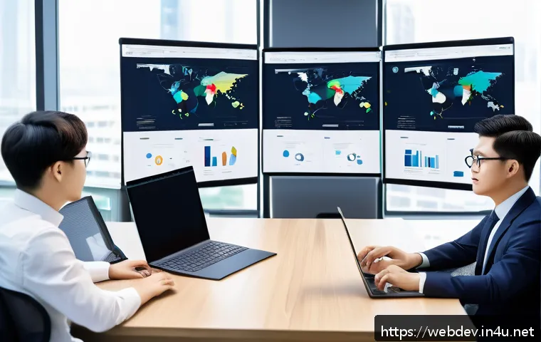 웹개발자 디자인 시스템 활용 - A modern web development team collaborating around a large digital screen displaying a comprehensive...