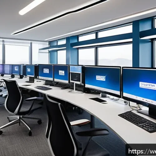 웹개발자 개발 언어 트렌드 - A dynamic, futuristic web development workspace featuring a dual-monitor setup displaying TypeScript...