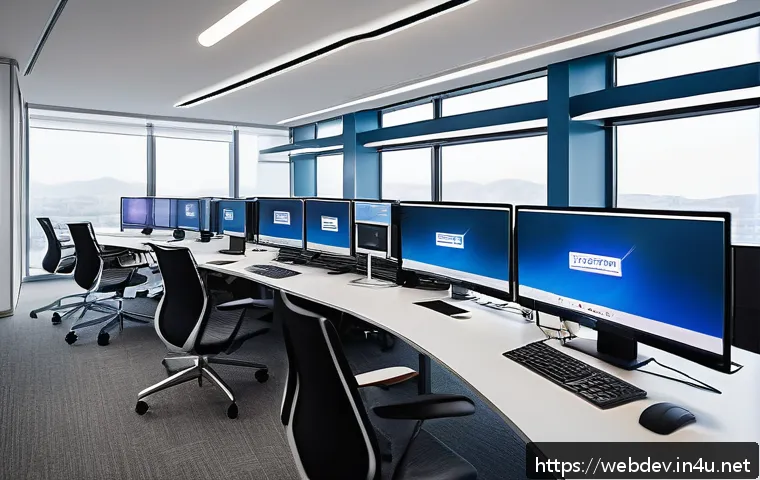 웹개발자 개발 언어 트렌드 - A dynamic, futuristic web development workspace featuring a dual-monitor setup displaying TypeScript...