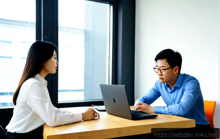 웹개발자 연봉 협상 경험 - Photorealistic web developer salary negotiation meeting in a bright modern office, confident mid-car...