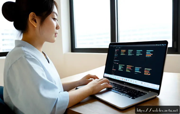 Home 17 웹개발자 업무 프로세스 개선 - Photorealistic modern web development workspace, a focused developer reviewing a clean visual workfl...